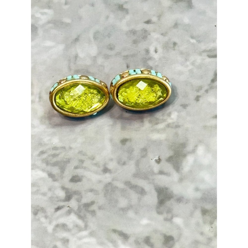 Vintage JJG Jonette Yellow Art Glass Blue Beaded Goldplate Clip On Earrings - Picture 2 of 6